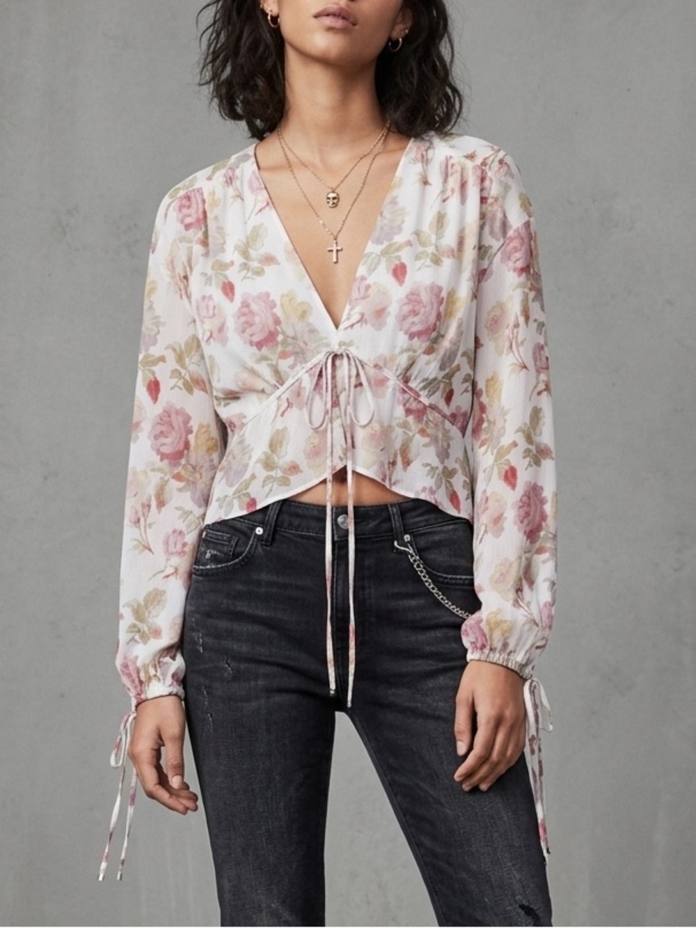 The Kooples Floral Long Sleeve Tie Front V-Neck Blouse Top NWT Size 2 Medium